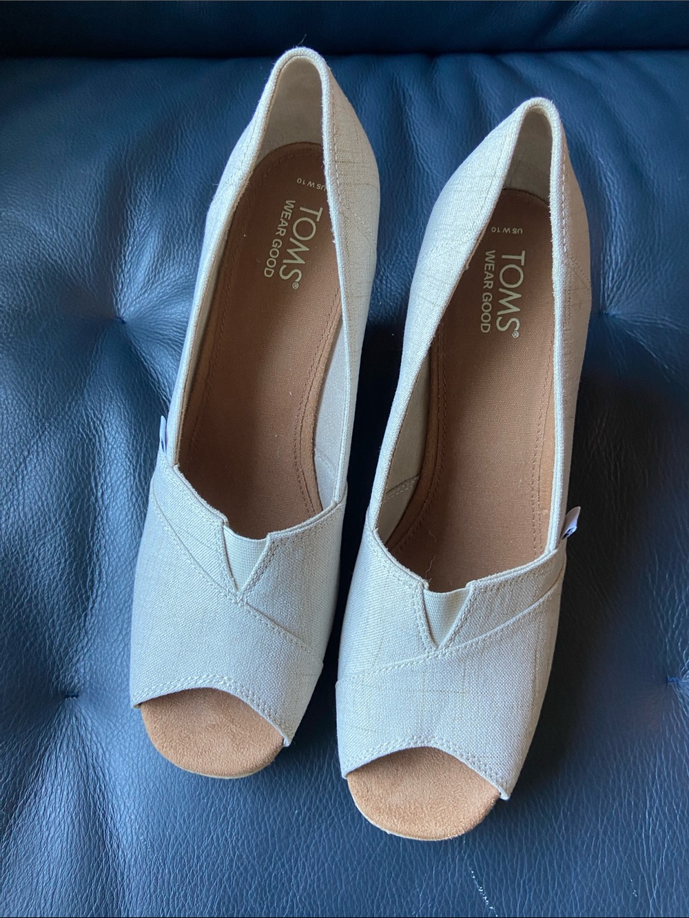TOMS Open-Toe Canvas Wedges in Light Beige